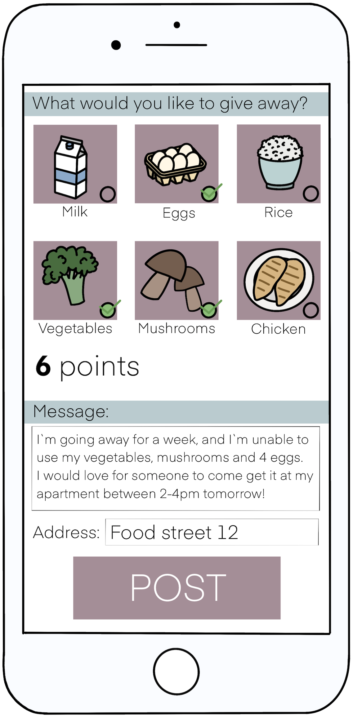 Illustrated prototype of an app with a giveaway function