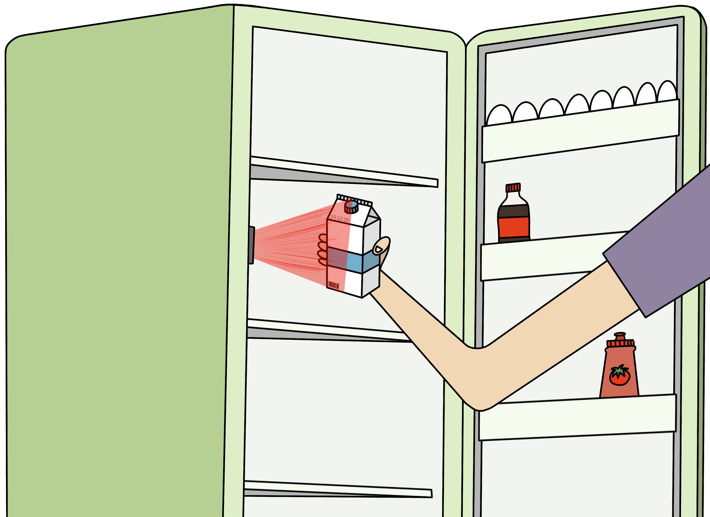Illustrated arm taking milk out of a refrigerator that scans the food